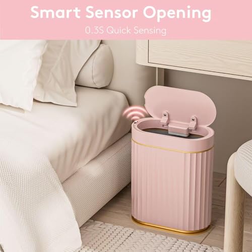 Image of jinligogo ELPHECO Touchless Trash Can with Lid, 2 Gallon / 7.5 Liter Small Automatic Motion Sensor Garbage Bin, Slim Rectangular Plastic Wastebasket for Bathroom, Bedroom, Kitchen, Office (Pink)