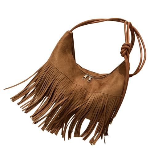 DOITOOL Bolso de Hombro Pequeño para Mujer Flecos Marrón Bolso Casual Hombro para Compras y Uso Diario Diseño Decorativo y Espacio Seguro para Objetos Personales