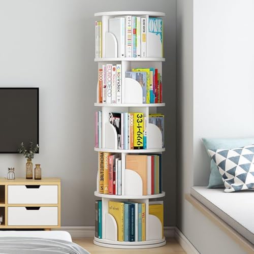 foriy 5 Tier Rotating Bookshelf, 360° Revolving Bookcase, Spinning Bookshelf Floor Standing Storage Display Shelf with Baffle for Home Office Study Room Bedroom Living Room 63" X 18" X 18", White