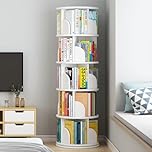 foriy 5 Tier Rotating Bookshelf, 360° Revolving Bookcase, Spinning Bookshelf Floor Standing Storage Display Shelf with Baffle for Home Office Study Room Bedroom Living Room 63" X 18" X 18", White
