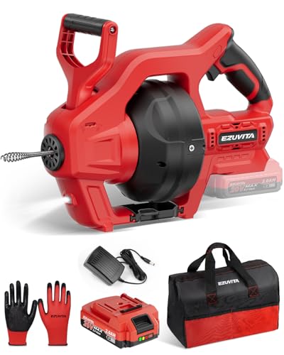 EZUVITA Furet Déboucheur de Canalisation 20V, Tarière de Drainage à Arbre Flexible 7,7m, Adapté au Diamètre du Tuyau 20-50mm, Convient pour Déboucher les...