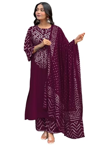 Image of GoSriKi Kurta Sets for Women Rayon Viscose Bandhani Printed | Kurti Set for Woman | Kurta Pant Dupatta Set | Straight Kurti | Round Neck 3 /4 Sleeve Suit Set for Women Stylish Ethnic Outfit