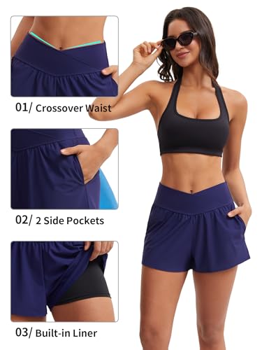 Image of ATTRACO Women Swim Shorts Side Split Swim Trunk 2 in 1 Board Shorts with Pockets Swim Bottom