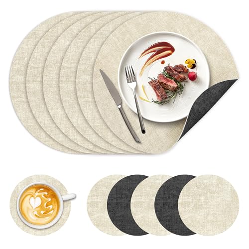Image of 13 inch Round Placemats Set of 6, NCUE Dual-Sided Faux Leather Heat Resistant Table Mats, Waterproof Oilproof Washable Protective Table Placemats with Coaster, Wipeable Vinyl for Indoor & Outdoor Use