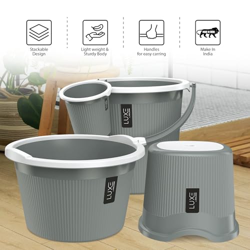 Image of KOLORR Luxe Bathroom Set (Bucket 20L x 1) + (Mug 1.5L x 1) + (Luxe Patla x 1) + (20L Tub x 1)|Sturdy and Durable |Lightweight| Easy to Clean and Attractive Design|Pack of 4| PNT Grey 431C