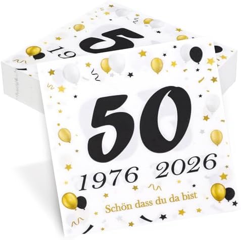 50 Stück Servietten 50. Geburtstag, Seutgjie 50 Geburtstag Deko 1976-2026 Goldene Hochzeit Jubiläum Tischdeko Schwarz Gold Tisch-Deko Party Gedeckter Tisch