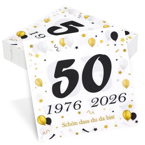 50 Stück Servietten 50. Geburtstag Seutgjie 50 Geburtstag Deko 1976-2026 Goldene Hochzeit Jubiläum Tischdeko Schwarz Gold Tisch-Deko Party Gedeckter Tisch