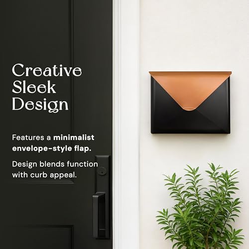 Image of NACH Sleek Envelope Wall Mount Mailbox, Large Mailboxes for Outside Wall Mount, Extra Large Capacity Mailbox for Outside, Black & Copper Mailbox, 12.5x4x10 Inches, Wall Mailbox, MB-6951