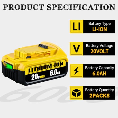Generic Dcb200 6.0Ah 2Pack Battery Replacement For Dewalt 20V Max Battery Lithium Ion Compatible With Dewalt Battery Dcb204 Dcb206 Dcb201 Dcb203 Dcd Dcf Dcg Series Cordless Power Tools thumb #1