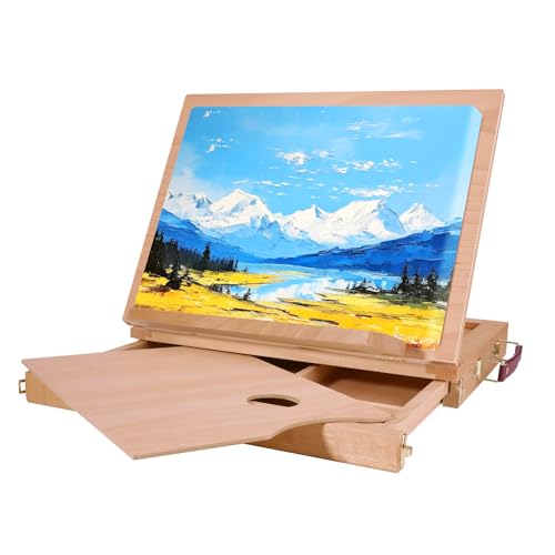 Wooden Table Easel Box with Storage Drawer – Adjustable Beechwood Artist Drawing Stand, Portable Folding Sketch Board for Painting, Display & Drafting (Beige 36D x 6.5W x 26.5H)