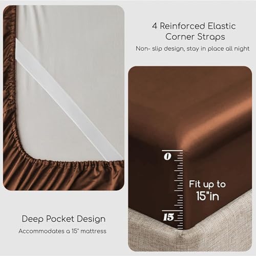 Image of MR&HM Satin Bed Sheets, Queen Size Sheets Set, 6 Pcs Silky Bedding Set with 15 Inches Deep Pocket for Mattress (Queen, Brown)