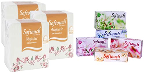 Image of Softouch 2 Ply Face Tissue-100 Pulls Each Box (200 Sheets) Pack of 5-500-1000 & Softouch Tissue Paper Napkins 100 pcs. Each- Set of 3 (Multicolour)