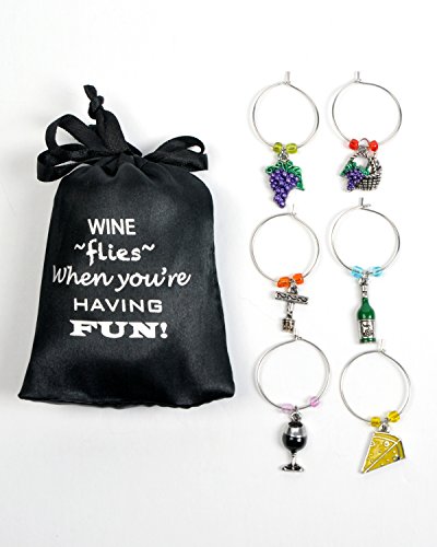 Wine And Grapes Wine Glass Charms, Drink Markers-Charms For Wine Glasses-Set Of 6 With Sateen Storage Bag By Cork & Leaf #TOP2