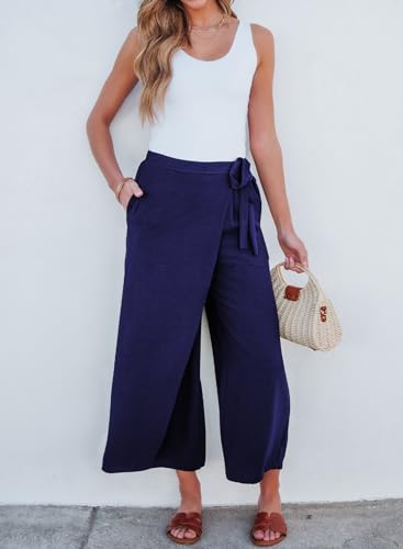 EVALESS Women's Wide Leg Palazzo Pants Work Casual Trousers Summer Elastic High Waisted Cute Side Tie Culottes with Pockets4
