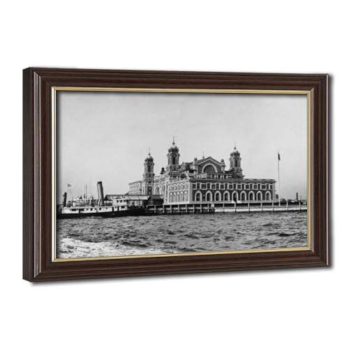 Toile vintage Ellis Island New York 1918 décoration bureau cadre suspendu 41x61 cm