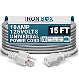 AC Power Cord 5-15P to C13 - 15 Foot, White, 10A/125V, 18/3 AWG - Iron Box Part # IBX-6012-15