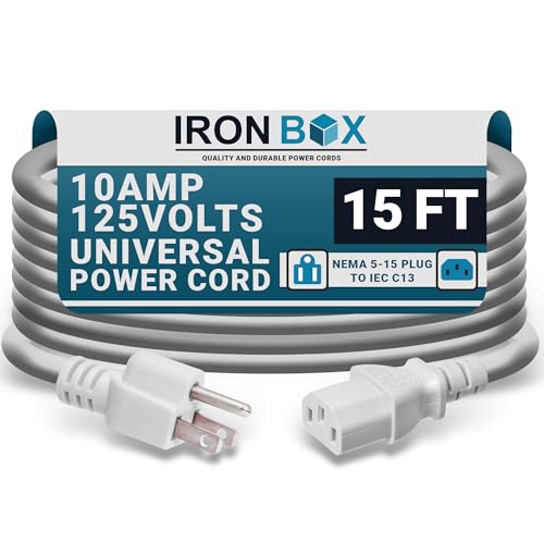 IronBox Electric NEMA 5-15 Plug to IEC C13 Connector Power Cords - 10A,125V,18/3 SJT - UL Listed Universal Power Supply Cable - Jumper Cord for Computer, Monitor, Desktop, Speaker & More (15ft, White)