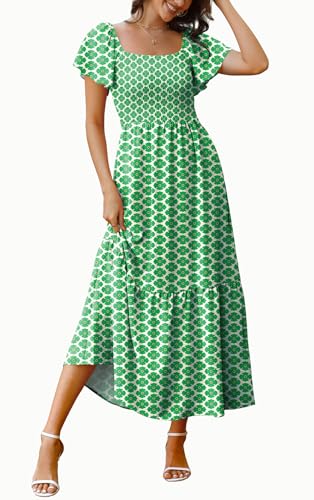 Image of OFEEFAN Summer Dresses for Women Square Neck Ruffle Sleeve Smocked Maxi Dress with Pockets