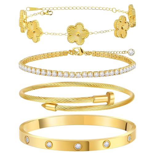 18k Gold Bracelet Set Stack Jewelry Four Leaf Clover Gift Set