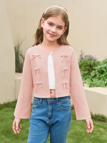 Haloumoning Girls Cropped Cardigan Sweater Kids Cute Bow Long Sleeve Knitted Sweaters Tops 5-14 Years2