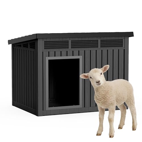 DRATO Goat House Weather Resistant Resin Dog Houses with Sloped Roof & Louvered Ventilation Outdoor Small Animal Shelter for Goats and Pets Easy Assemble Black