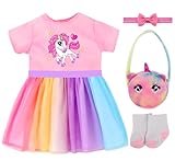 4 Stück Puppenkleidung für 35-43 cm Newborn Baby Puppen, Regenbogenfarbenes Tüllkleid mit Pony-Print, Stirnband, Tasche, Socken, Kleiderbügel für 14-17 Zoll Babypuppen Kinder