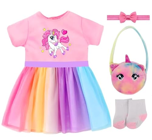4 Stück Puppenkleidung für 35-43 cm Newborn Baby Puppen, Regenbogenfarbenes Tüllkleid mit Pony-Print, Stirnband, Tasche, Socken, Kleiderbügel für 14-17 Zoll Babypuppen Kinder