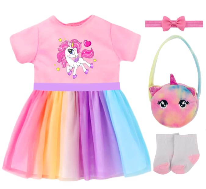 4 Stück Puppenkleidung für 35-43 cm Newborn Baby Puppen Regenbogenfarbenes Tüllkleid mit Pony-Print Stirnband Tasche Socken Kleiderbügel für 14-17 Zoll Babypuppen Kinder