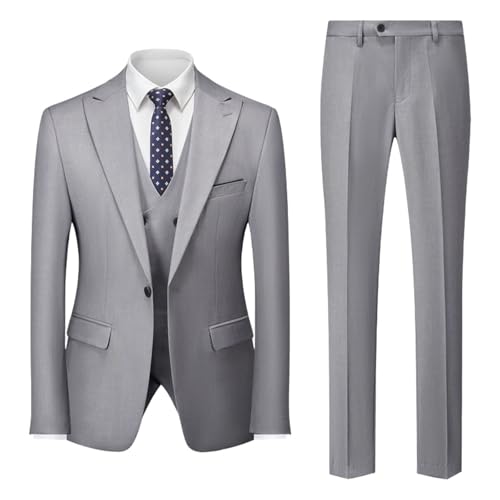 Men Solid Color Wedding 3 Piece Party Business Casual Slim Blazers Vest Pants Set Light Gray
