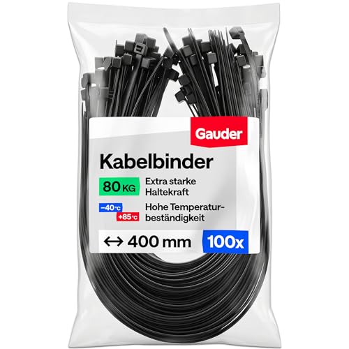 GAUDER Kabelbinder schwarz (80 kg Zugfestigkeit) - Extra starke und lange Kabelbinder für Kabelmanagement Zaun Garten Bau & Werkstatt - UV-beständig für Außenbereich (100 Stück - 400 mm x 8 8 mm)