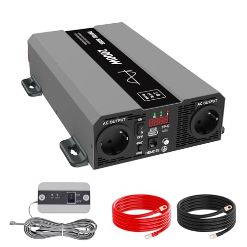 DATOUBOSS Inversor 12V 220V 2000W Onda Sinusoidal Pura, Convertidor 4000W(Pico) con 2 Enchufes de la UE, Transformador con USB A y USB C, Pantalla LCD,Mando a Distancia, para Coches, Camiones, Camping