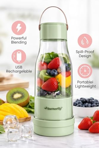 Image of Butterfly FLASH+ Nutri-Blender Portable | Usb Charging C-Type | Smoothie Maker | 6- leaf Ss Blades | Battery Operated Rechargeable Blender | 300Ml | Compact Size | Green, In Built Jar, 40 Watts