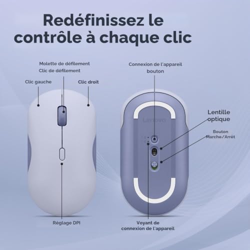 Lenovo 350 - Souris silencieuse Bluetooth (Optique Infrarouge, Ergonomique, ambidextre, Boutons programmables, Roue Dynamique, 3 Niveaux de dpi, 1 Pile AA, Changement Facile à 2 appareils) UVA Meta