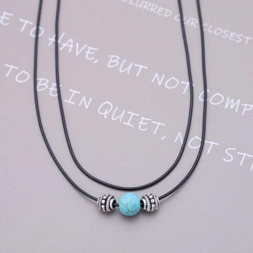 Inilbran Boho Geschichtetes Leder Choker Halskette Schwarzes Leder Cord Choker Halskette Blau Türkis Stein Halskette Vintage Kurzes Schwarzes Halsband Halskette Für Frauen