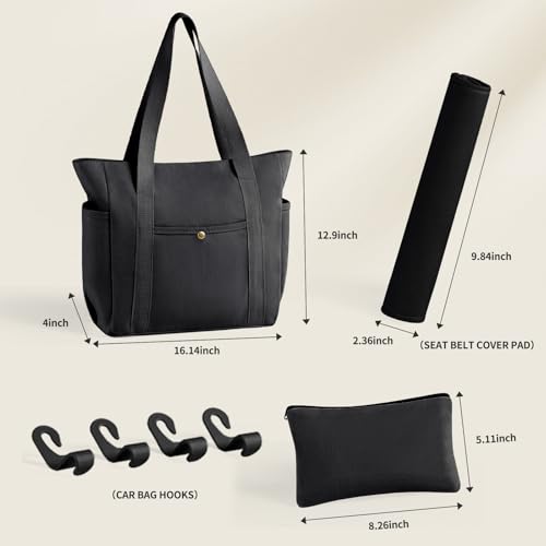MeZQ Car-Friendly Essentials | Women's Zip-Top Canvas Multi-Pocket Tote Bag for Work - Teacher, Nurse, Mom Approved3