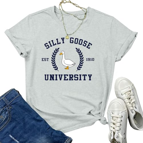Tuislay Funny Silly Goose University Shirts Women Cute Graphic Tees for Girls Animal T-Shirts Short Sleeve Novelty Clothing(Light Gray M)