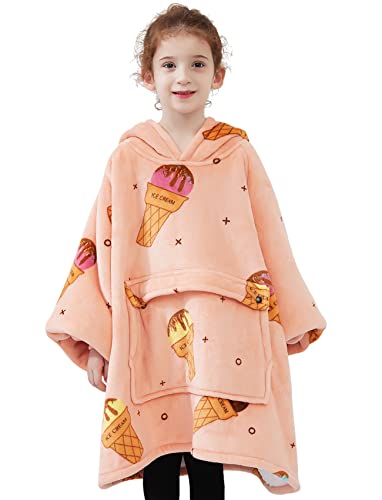 Image of KFUBUO Wearable Blanket Hoodie for Kids Sherpa Patterns Oversized Sweatshirt Blanket With Pocket 6-10 Year Old Girl Birthday Gifts Ice Cream