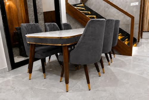 Image of WOODEN SPACE 6-Seater Wooden Dining Table Set | Nano Composite Marble Top | Solid Wood Base | Modern Dining Room Furniture with 6 Chairs (Darkgrey Frontline)