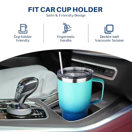 Image of 30 oz Tumbler with Handle, Stainless Steel Insulated Tumbler with Lid and Straw, Double Wall Vacuum Insulated Coffee Mug Tumbler, Insulated Coffee Thermal Cup for Cold and Hot (Light Dark Blue)
