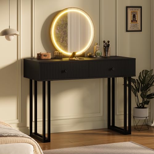 Black Vanity Desk with Mirror and Lights, Small Makeup Vanity with 2 Drawers, Modern Vanity Organizer with 3 Color Lights&Adjustable Brightness, Dressing Table for Bedroom