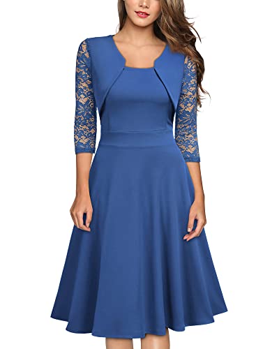 Miusol Women's Vintage Square Neck Floral Lace 2/3 Sleeve Cocktail Swing Dress