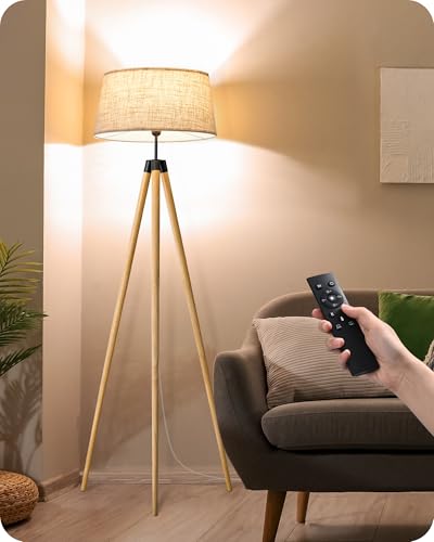 EDISHINE Stehlampe Wohnzimmer Dimmbar, Stehleuchte Boho mit Stativ aus Holz, inkl. E27 LED Glühbirne & Fernbedienung, Vintage Lampenschirm-Leinen, Leselampe für Esszimmer & Kinderzimmer