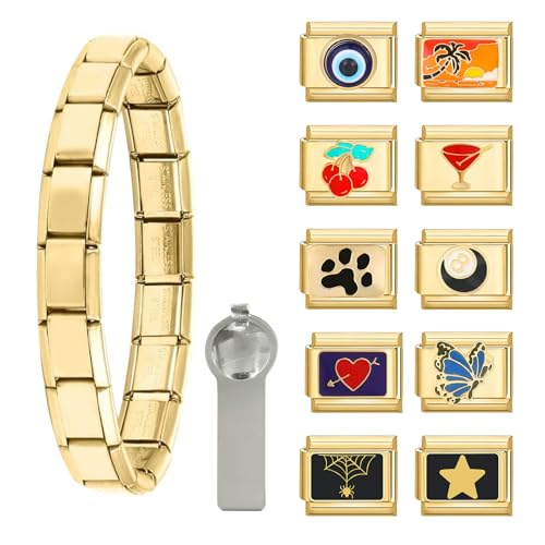 papasgix Italian Charm Bracelet Gold Set with Starter Brascelet, Assorted Charms and Opening Tools, 9mm Modular Italian Charm Bracelet Links Handmade DIY Jewelry