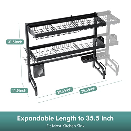 Majalis Over Sink Dish Drying Rack, Large 3 Tier 304 Stainless Steel Dish Drainer Organizer For Kitchen Shelf, Expandable Above Sink Storage Organization (Black - 25.5"-35.5") #TOP1