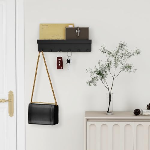 Szugcotd UG-KHR06-B Key Holder For Wall Rustic Key And Mail Organizer 6 Key Hooks With Shelf Small Key Rack With Tray Adhesive Key Hanger Wall Mount For Entryway Hallway Living Room Decor thumb #1