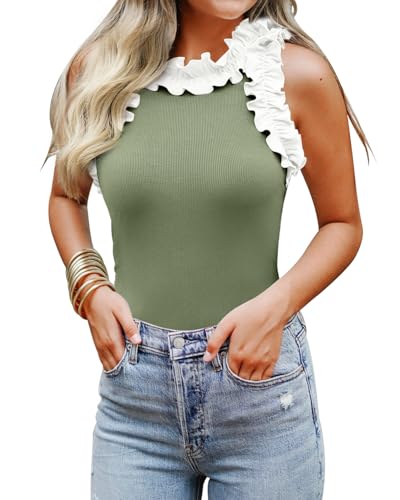 Image of WAYMAKER Women's Sleeveless Racer Back Ruffle Mock Turtle Neck Ribbed Bodysuit Tank Tops