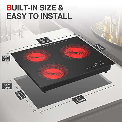 Qtyancy Electric Cooktop, 24 Inch Electric Stove 3 Burners, 9 Heating Levels, Sensor Touch Control, Timer, Kid Lock, 240V Built-In Hot Plate #TOP2