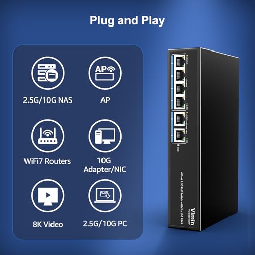 Image of 6-Port 2.5G PoE Switch with Dual 10GBASE-T, Vimin 4X 2.5G +2 x 10Gb RJ45 Ports Unmanaged PoE Switch, 60Gbps Capacity, 65W, 10G Switch Desktop Network PoE Switch for NAS, PC, Wireless AP