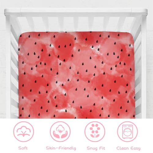Image of Watercolor Watermelon Baby Crib Sheets 52''x28'' Tropical Fruit Snug Fitted Crib Mattress Covers for Boy Girl Boho Summer Beach Soft Baby Nursery Bed Sheet for Standard Crib and Toddler Mattress