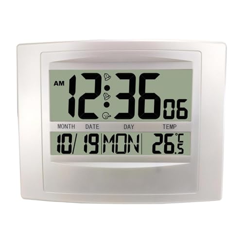 Nsaroche Reloj Despertador Digital con Pantalla y Montaje en Pared Visualización de Día y Fecha Temperatura y Doble Alarma Función sin Ruido, Blanco, Individual